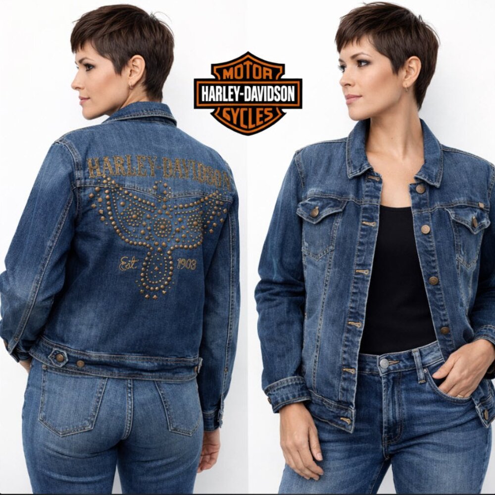 Harley-Davidson Studded Denim Trucker Jacket Eagle Back Blue Jean size large